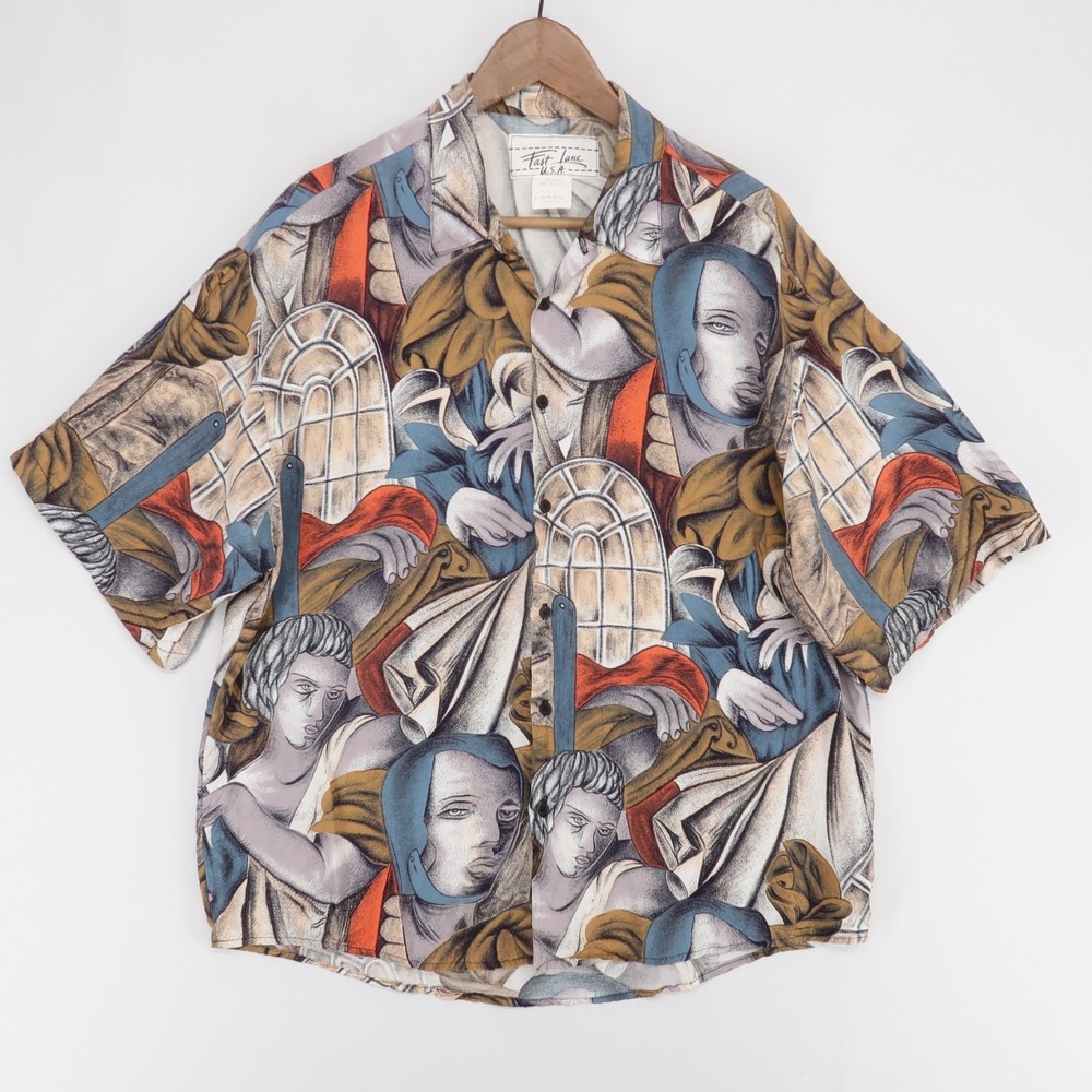 Vintage Fast Lane Shirt Mens L Multicolor Print Art Renaissance Short Sleeve
